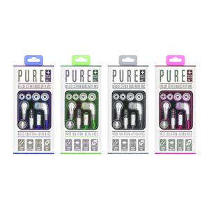 6pcs Pure Plus Deluxe Stereo Buds with Mic in Assorted Colors of Gray, Green, Pink