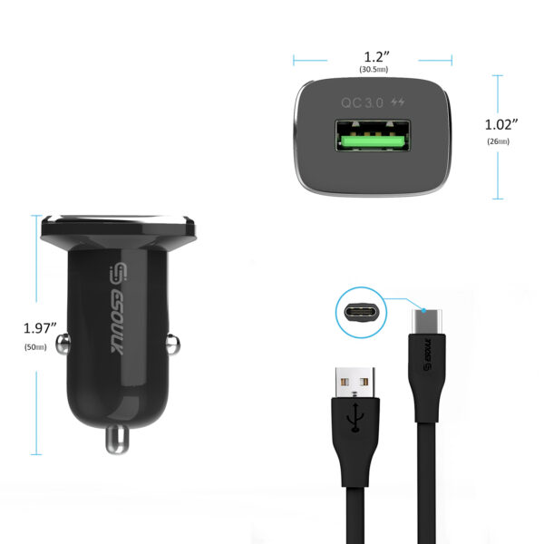 18W QC3.0 Car Charger and 3ft Cable For Type-C In Black - Image 2