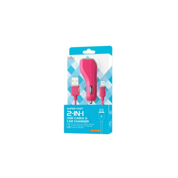 REIKO MICRO USB CAR CHARGER WITH DATA USB CABLE IN HOT PINK - Image 4