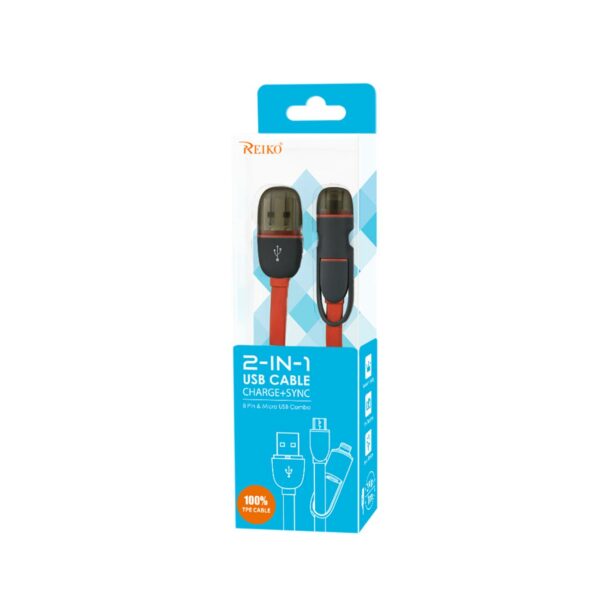 REIKO IPHONE 6 AND MICRO USB FLAT CABLE 3.2FT 2-IN-1 USB DATA IN CORAL RED - Image 3