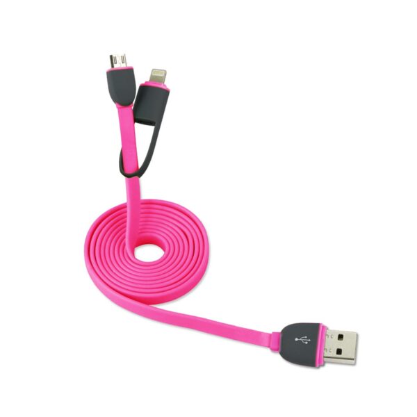 REIKO 8PIN AND MICRO USB FLAT CABLE 3.2FT 2-IN-1 USB DATA IN HOT PINK - Image 2