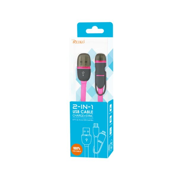 REIKO 8PIN AND MICRO USB FLAT CABLE 3.2FT 2-IN-1 USB DATA IN HOT PINK - Image 3