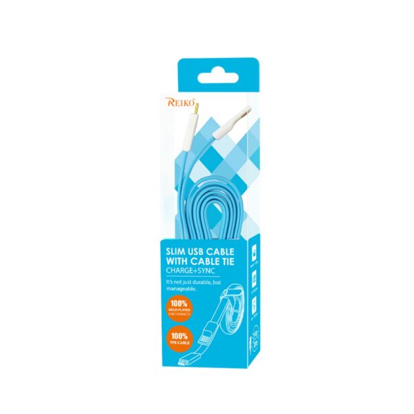 REIKO IPHONE 6 FLAT USB GOLD PLATED DATA CABLE 3.9FT WITH CABLE TIE IN BLUE - Image 3