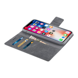 REIKO iPhone X/iPhone XS DENIM WALLET CASE WITH GUMMY INNER SHELL AND KICKSTAND FUNCTION IN GRAY - Image 3