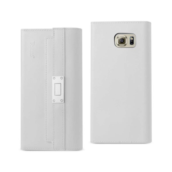 REIKO SAMSUNG GALAXY S6 GENUINE LEATHER RFID WALLET CASE AND METAL BUCKLE BELT IN IVORY