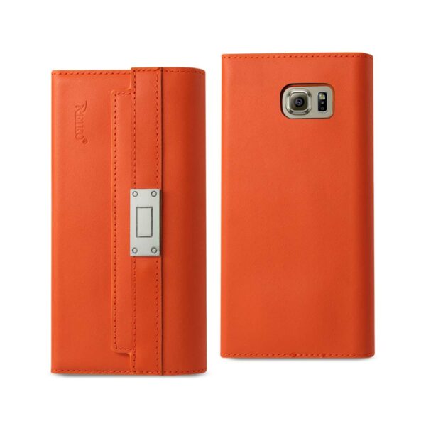 REIKO SAMSUNG GALAXY S6 GENUINE LEATHER RFID WALLET CASE AND METAL BUCKLE BELT IN TANGERINE