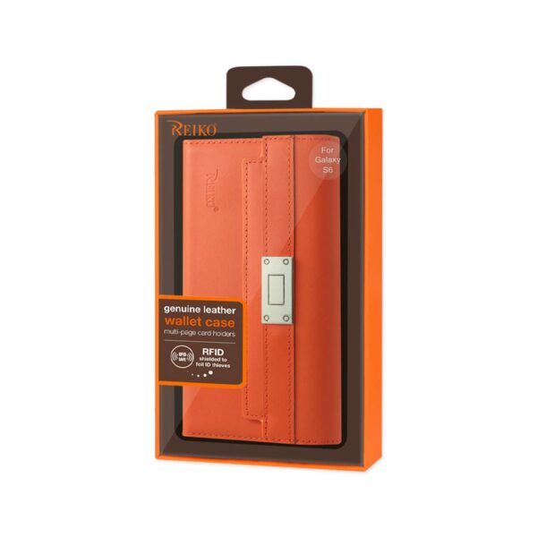 REIKO SAMSUNG GALAXY S6 GENUINE LEATHER RFID WALLET CASE AND METAL BUCKLE BELT IN TANGERINE - Image 4