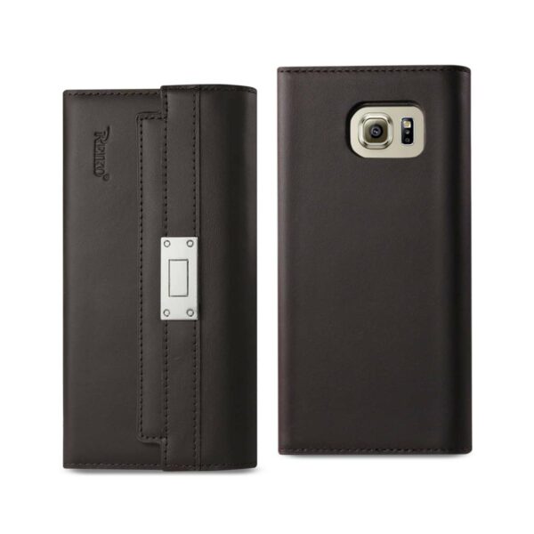 REIKO SAMSUNG GALAXY S6 GENUINE LEATHER RFID WALLET CASE AND METAL BUCKLE BELT IN UMBER