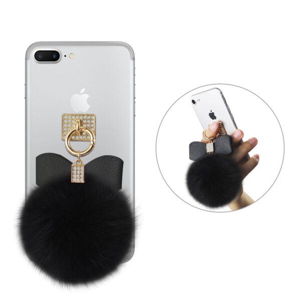 REIKO PHONE HOLDER/ FINGER LOOP GRIP WITH RHINESTONE SOFT PUFFY FUR BALL IN BLACK - Image 2