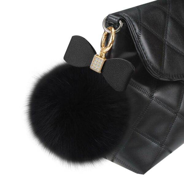 REIKO PHONE HOLDER/ FINGER LOOP GRIP WITH RHINESTONE SOFT PUFFY FUR BALL IN BLACK - Image 3