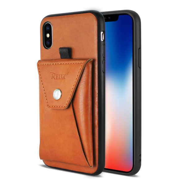 Reiko iPhone X/iPhone XS Durable Leather Protective Case With Back Pocket In Brown - Image 2