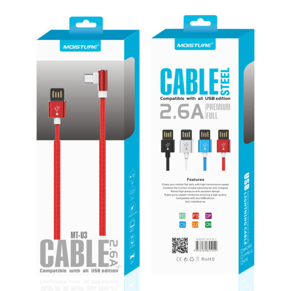 Moisture 2.6A Premium Full Steel  Micro USB To Ligntning Data Cable In Red
