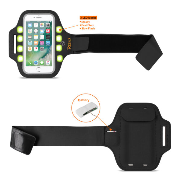 REIKO RUNNING SPORTS ARMBAND FOR IPHONE 7/ 6/ 6S OR 5 INCHES DEVICE WITH LED IN BLACK (5x5 INCHES) - Image 2