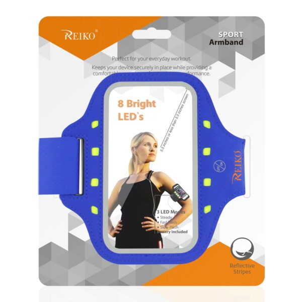 REIKO RUNNING SPORTS ARMBAND FOR IPHONE 7 PLUS/ 6S PLUS OR 5.5 INCHES DEVICE WITH LED IN BLUE (5.5x5.5 INCHES) - Image 4