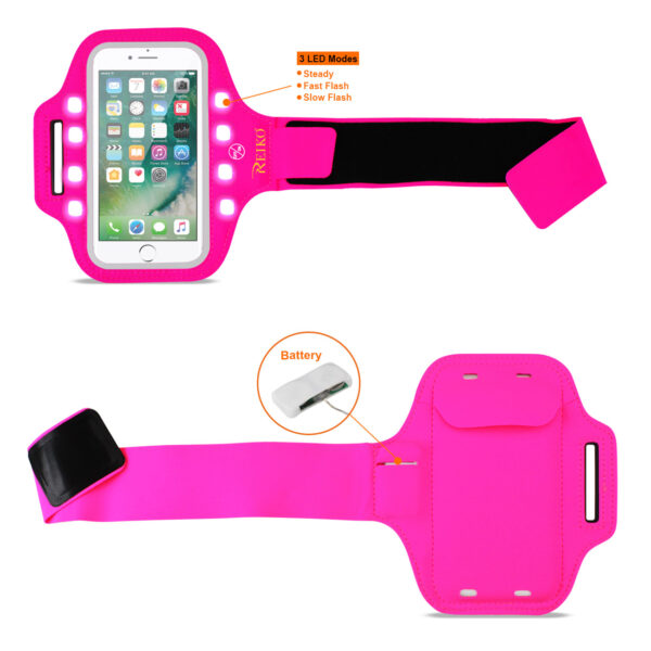 REIKO RUNNING SPORTS ARMBAND FOR IPHONE 7 PLUS/ 6S PLUS OR 5.5 INCHES DEVICE WITH LED IN PINK (5.5x5.5 INCHES) - Image 2