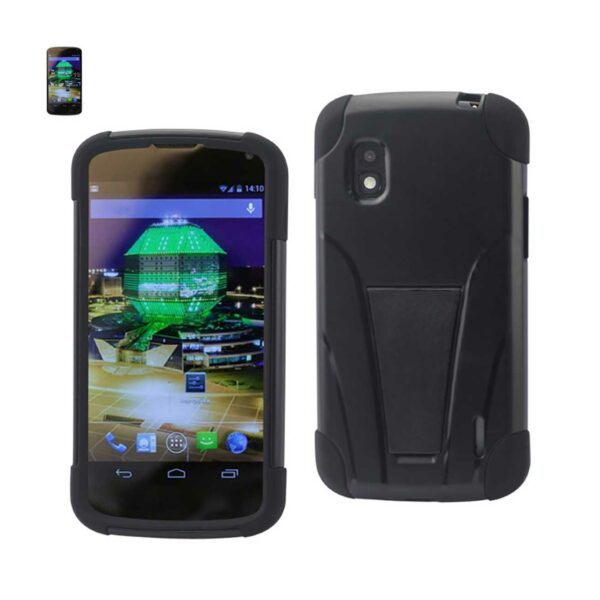 REIKO LG NEXUS 4 HYBRID HEAVY DUTY CASE WITH KICKSTAND IN BLACK