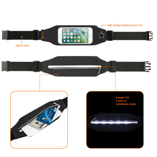 REIKO RUNNING SPORT BELT FOR IPHONE 7/ 6/ 6S OR 5 INCHES DEVICE WITH TWO POCKETS AND LED IN BLACK (5x5 INCHES) - Image 2