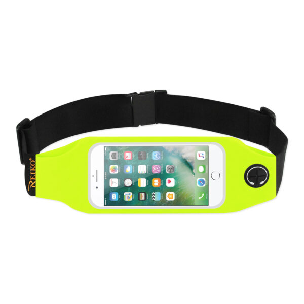 REIKO RUNNING SPORT BELT FOR IPHONE 7/ 6/ 6S OR 5 INCHES DEVICE WITH TWO POCKETS AND LED IN GREEN (5x5 INCHES)