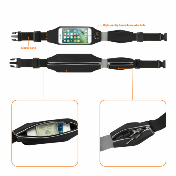 REIKO RUNNING SPORT BELT FOR IPHONE 7 PLUS/ 6S PLUS OR 5.5 INCHES DEVICE WITH TWO POCKETS AND LED IN BLACK (5.5x5.5 INCHES) - Image 2