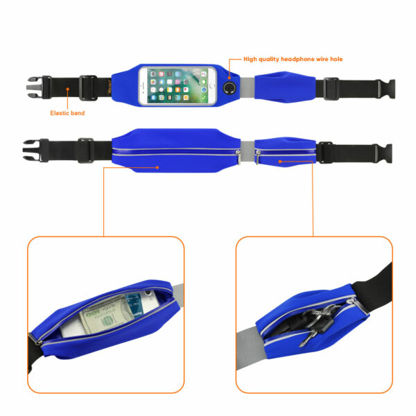 REIKO RUNNING SPORT BELT FOR IPHONE 7 PLUS/ 6S PLUS OR 5.5 INCHES DEVICE WITH TWO POCKETS AND LED IN BLUE (5.5x5.5 INCHES) - Image 2
