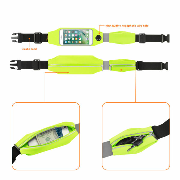 REIKO RUNNING SPORT BELT FOR IPHONE 7 PLUS/ 6S PLUS OR 5.5 INCHES DEVICE WITH TWO POCKETS AND LED IN GREEN (5.5x5.5 INCHES) - Image 2