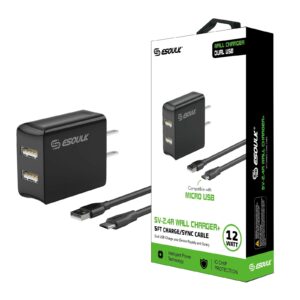 12W 2.4A Dual USB Travel Wall charger With 5FT  Micro USB Charging Cable In Black