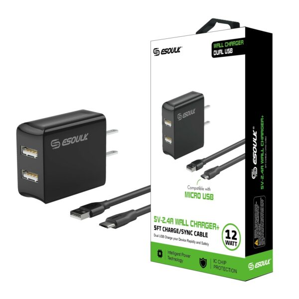 12W 2.4A Dual USB Travel Wall charger With 5FT  Micro USB Charging Cable In Black
