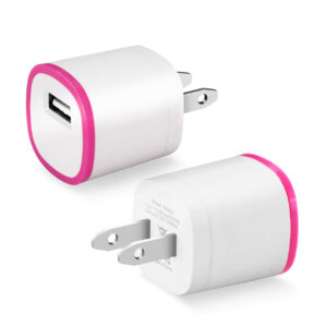 REIKO 1 AMP DUAL COLOR PORTABLE USB TRAVEL ADAPTER CHARGER IN HOT PINK WHITE