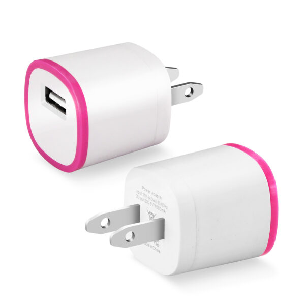 REIKO 1 AMP DUAL COLOR PORTABLE USB TRAVEL ADAPTER CHARGER IN HOT PINK WHITE