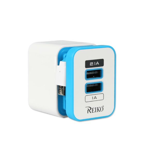 REIKO 2 AMP DUAL PORT PORTABLE TRAVEL ADAPTER CHARGER IN BLUE - Image 2