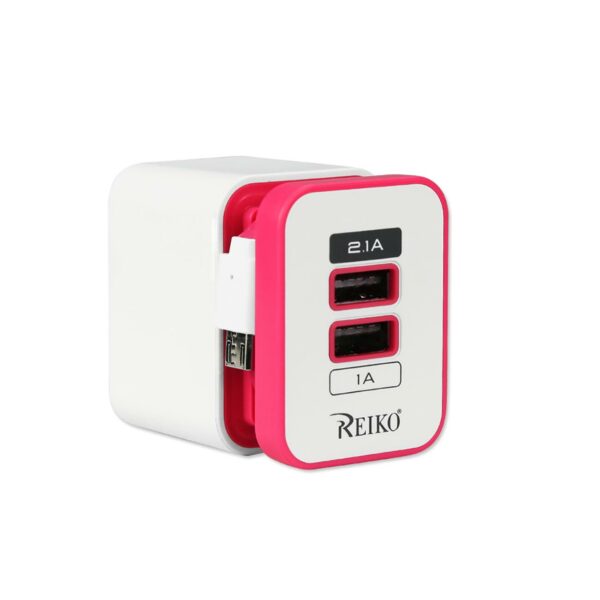 REIKO 2 AMP DUAL PORT PORTABLE TRAVEL ADAPTER CHARGER IN HOT PINK - Image 2
