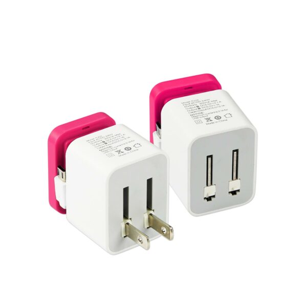 REIKO 2 AMP DUAL PORT PORTABLE TRAVEL ADAPTER CHARGER IN HOT PINK - Image 3