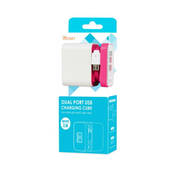 REIKO 2 AMP DUAL PORT PORTABLE TRAVEL ADAPTER CHARGER IN HOT PINK - Image 4