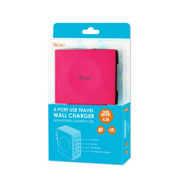 REIKO 4 AMP FOUR PORTS PORTABLE TRAVEL STATION CHARGER IN HOT PINK - Image 4