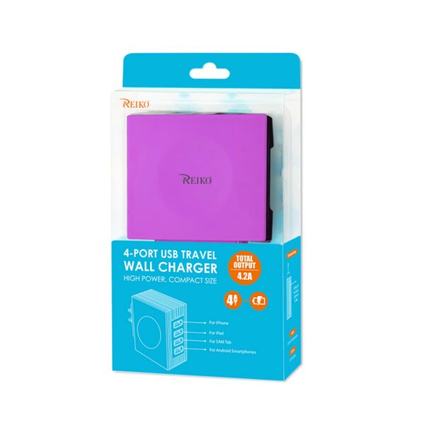 REIKO 4 AMP FOUR PORTS PORTABLE TRAVEL STATION CHARGER IN PURPLE - Image 4