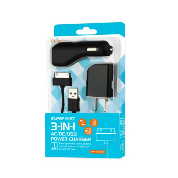 REIKO IPHONE 4G 1 AMP 3-IN-1 CAR CHARGER WALL ADAPTER WITH CABLE IN BLACK - Image 4