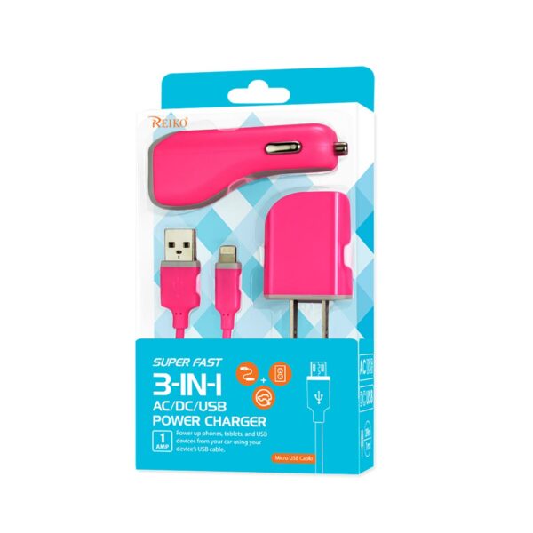 REIKO IPHONE SE/ 5S/ 5 1 AMP 3-IN-1 CAR CHARGER WALL ADAPTER WITH CABLE IN HOT PINK - Image 4