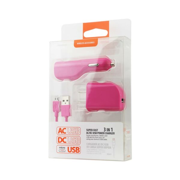 REIKO MICRO 1 AMP 3-IN-1 CAR CHARGER WALL ADAPTER WITH USB CABLE IN HOT PINK - Image 4