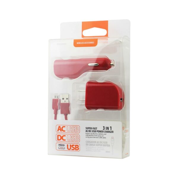 REIKO MICRO 1 AMP 3-IN-1 CAR CHARGER WALL ADAPTER WITH USB CABLE IN RED - Image 4